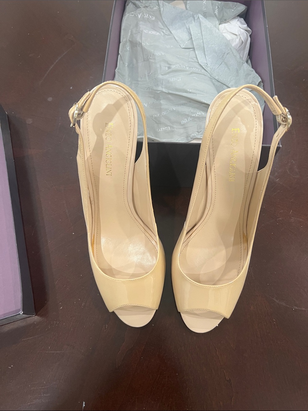 Enzo Angiolini Nude Patent Peep-Toe Slingback Heels